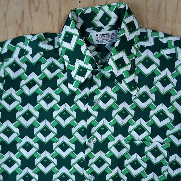 Vintage 70s Geometric Op Art Short Sleeve Polyester Disco Shirt - Picture 1 of 4
